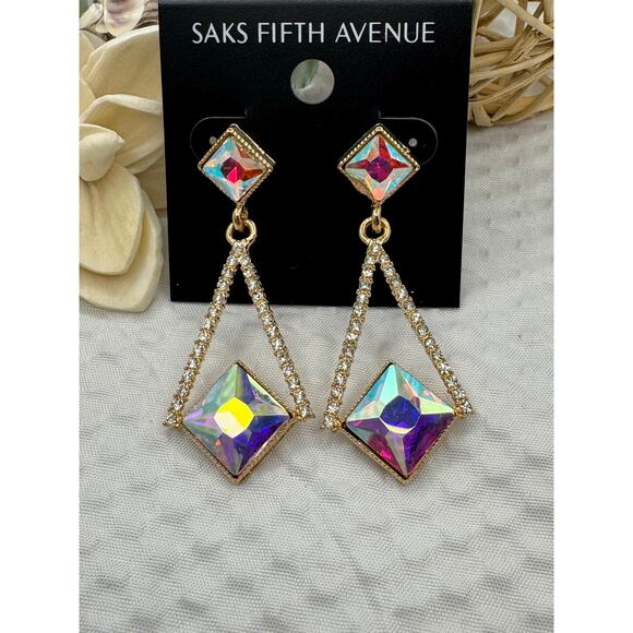 Saks Fifth Avenue Geometric AB Crystal Drop Earrings – Goldtone – New on Card - Picture 1 of 7